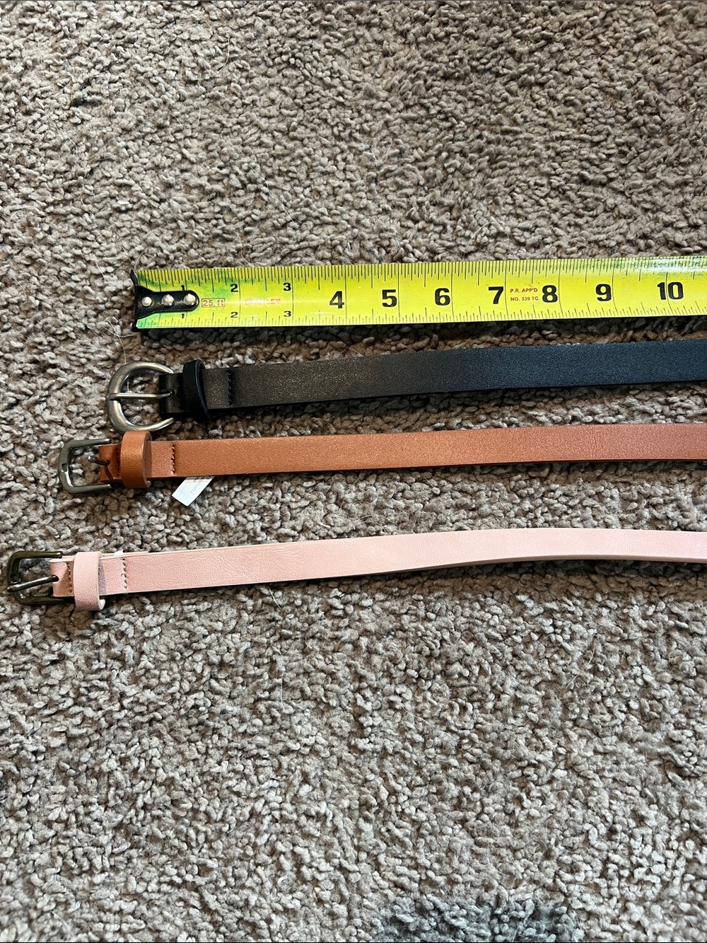 Set of Three Skinny Leather Belts in Black, Tan, and Blush Pink
